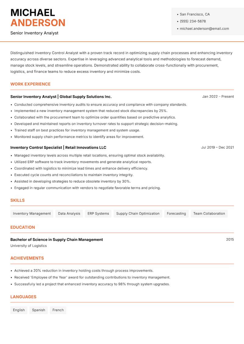 Inventory Control Analyst resume template — Modern Professional