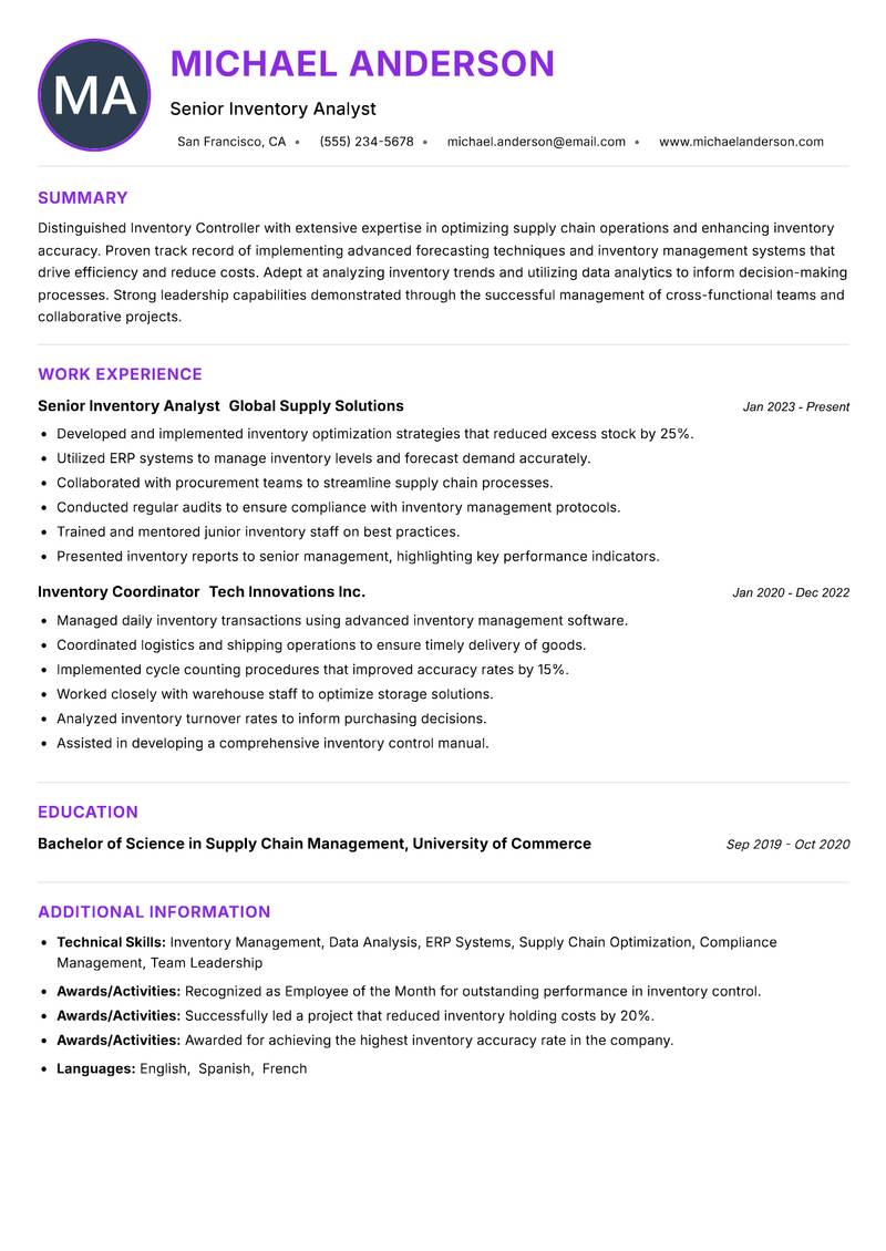 Inventory Controller resume example — ATS-friendly template