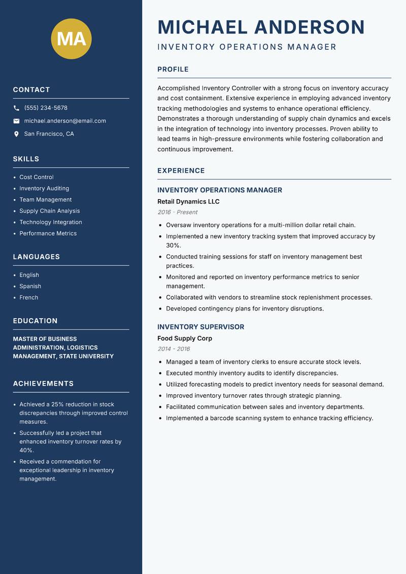 Inventory Controller resume template — Classic Clean
