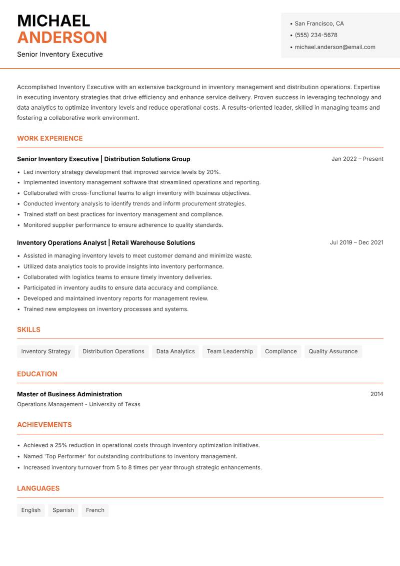 Inventory Executive resume template — Modern Professional