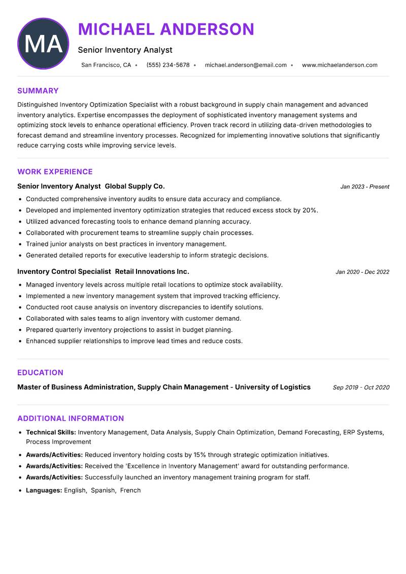 Inventory Optimization Specialist resume example — ATS-friendly template