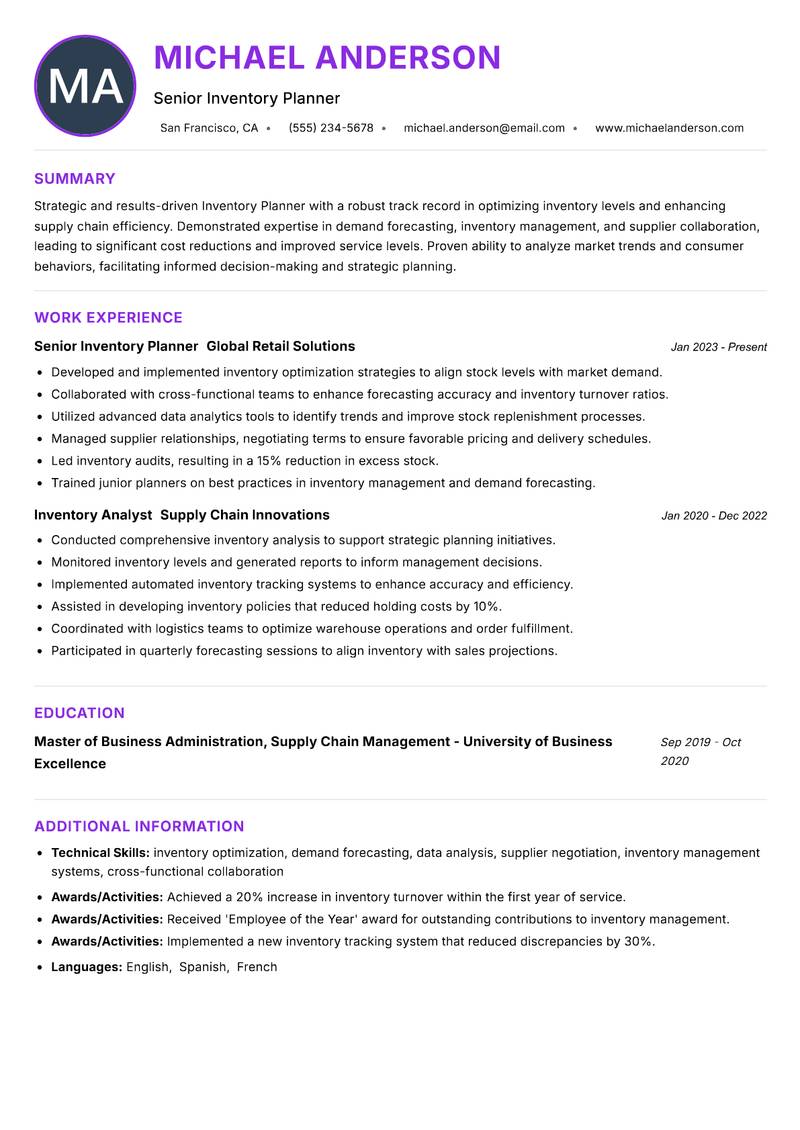 Inventory Planner resume example — ATS-friendly template