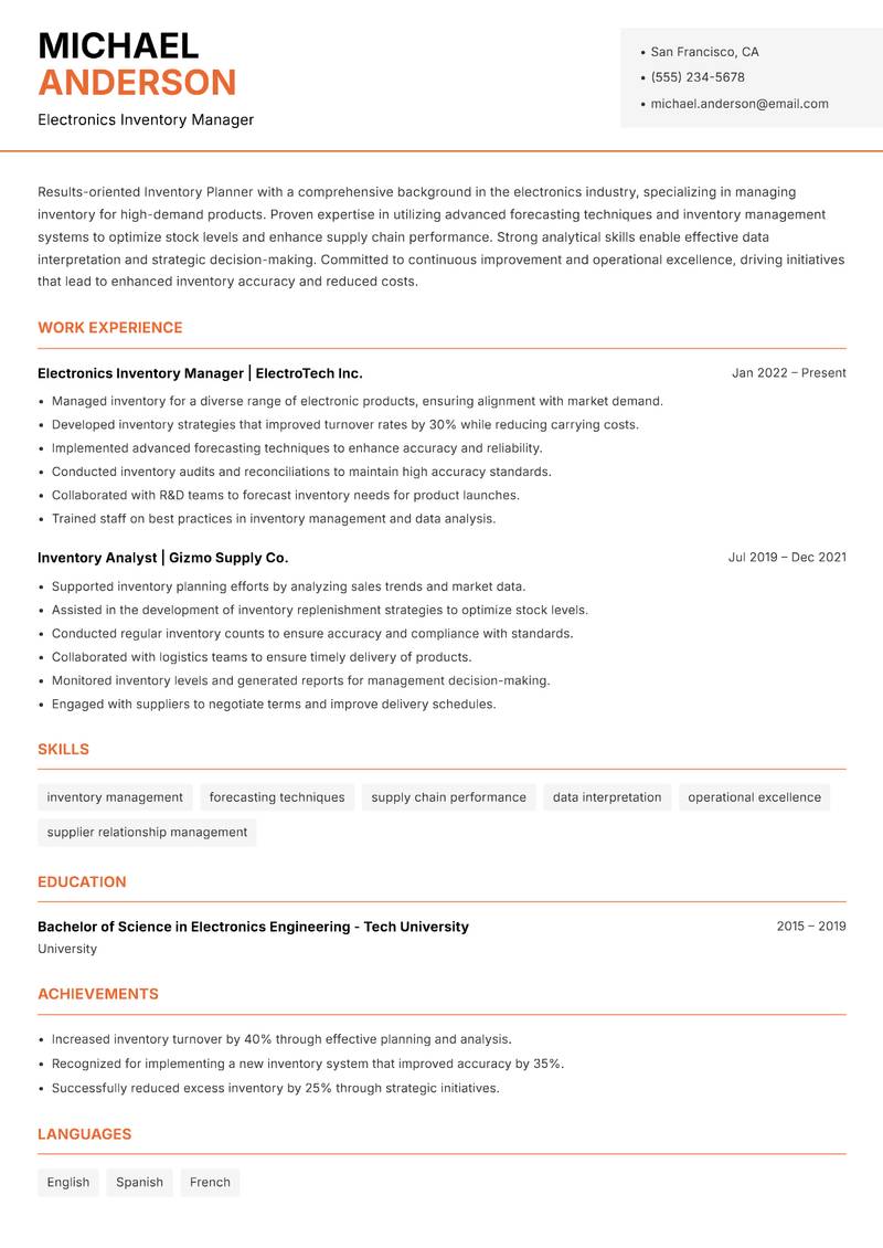 Inventory Planner resume template — Modern Professional