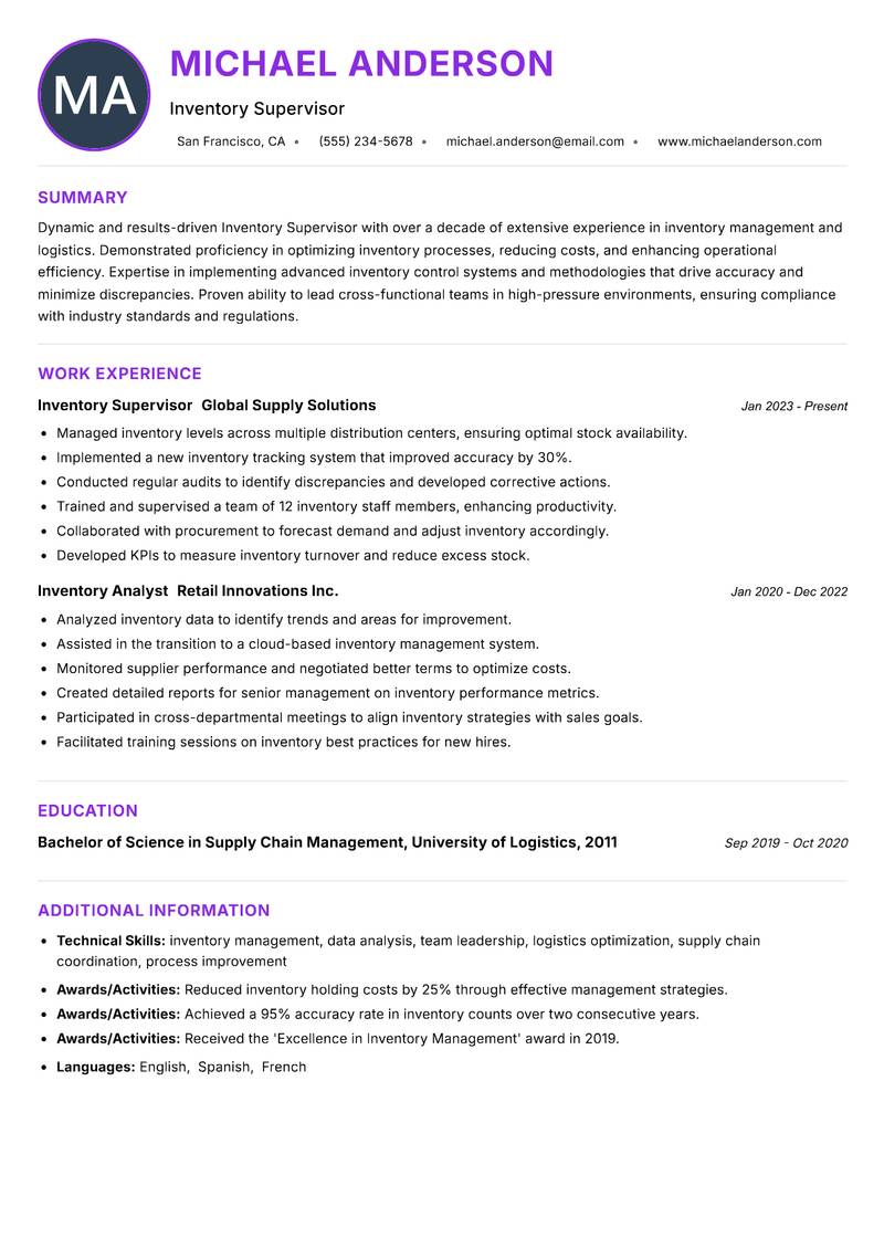 Inventory Supervisor resume example — ATS-friendly template