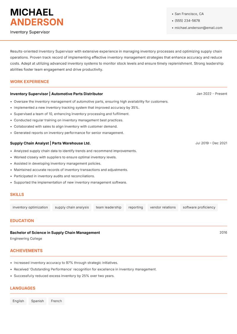 Inventory Supervisor resume template — Modern Professional