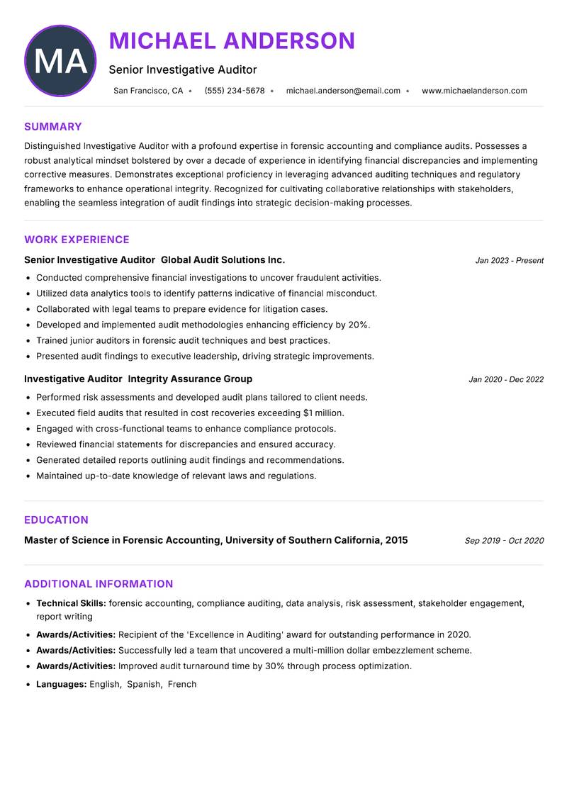 Investigative Auditor resume example — ATS-friendly template