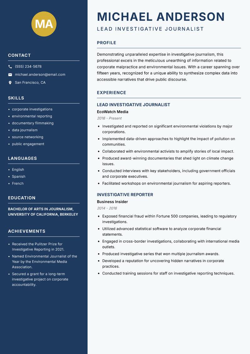 Investigative Journalist resume template — Classic Clean