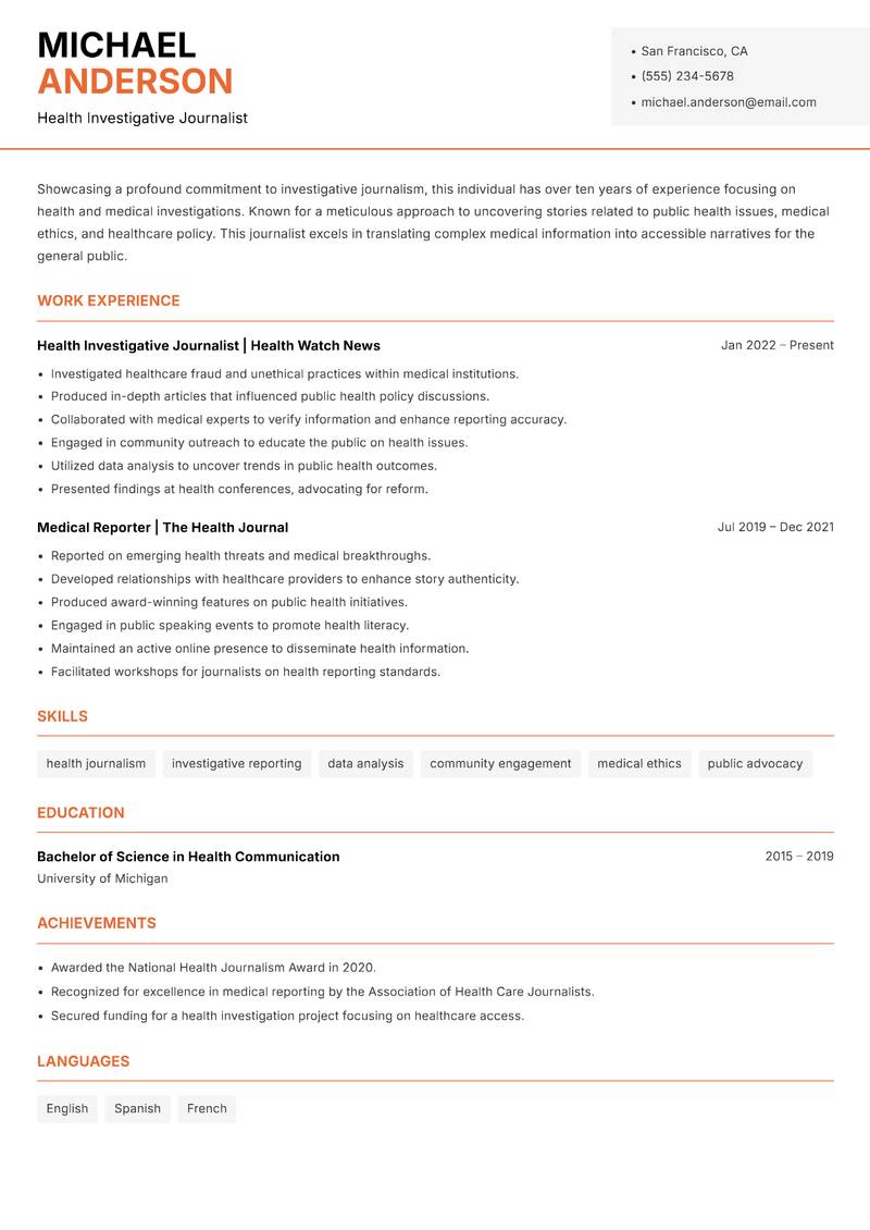 Investigative Journalist resume template — Modern Professional