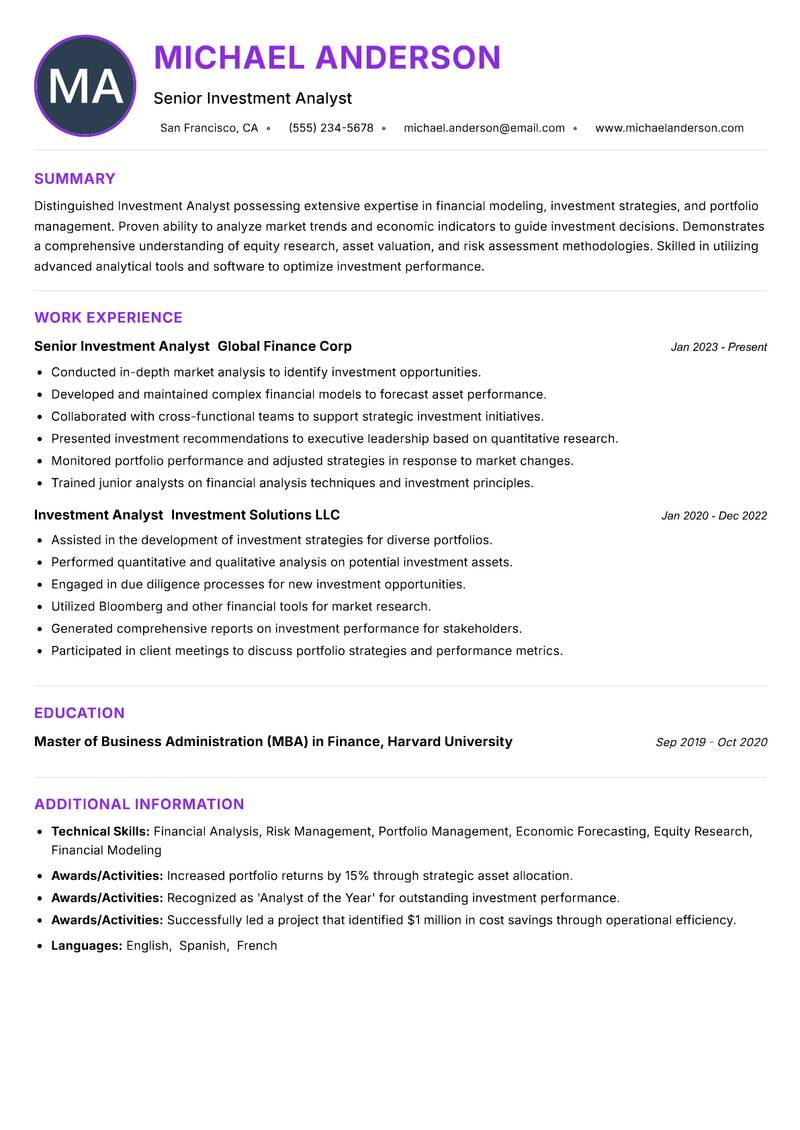 Investment Analyst resume example — ATS-friendly template