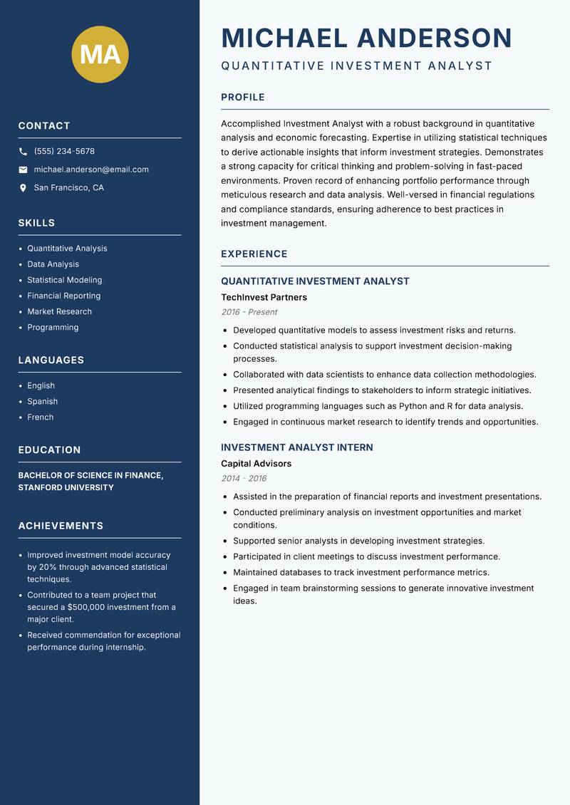 Investment Analyst resume template — Classic Clean
