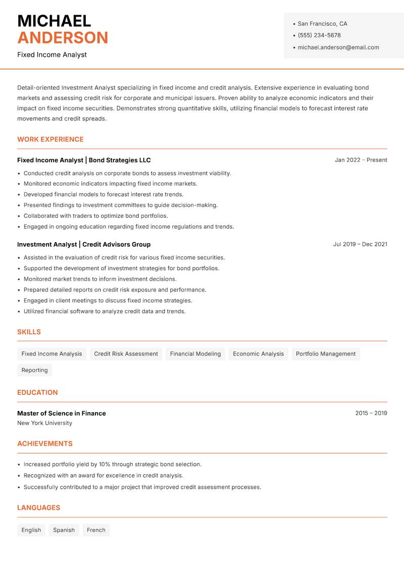 Investment Analyst resume template — Modern Professional
