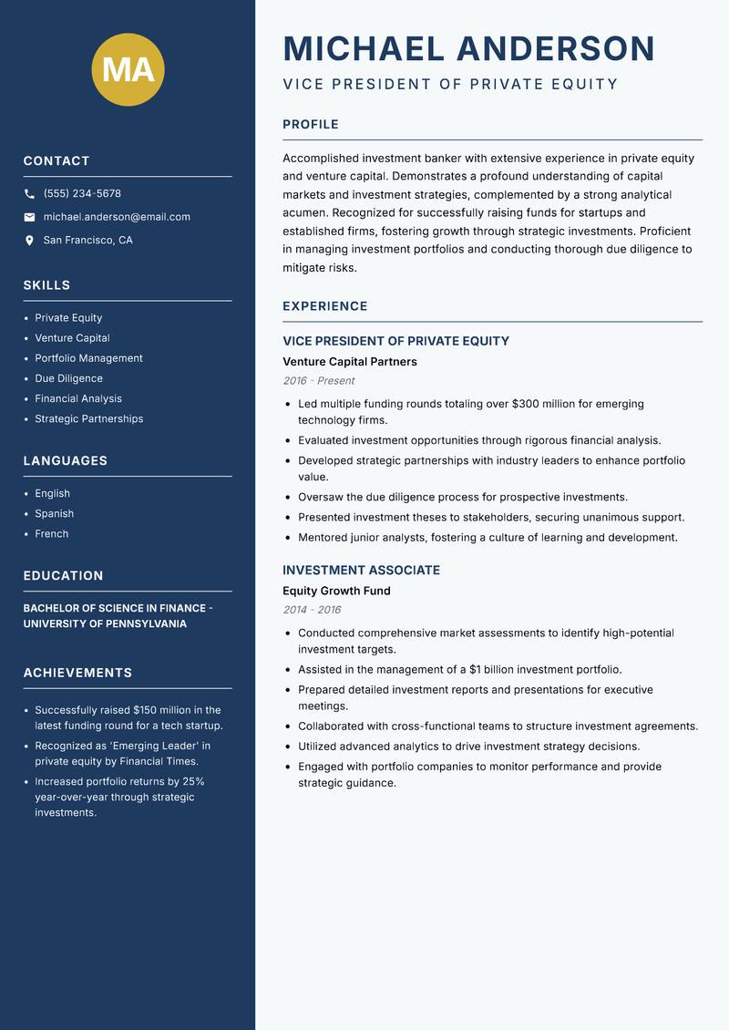 Investment Banker resume template — Classic Clean