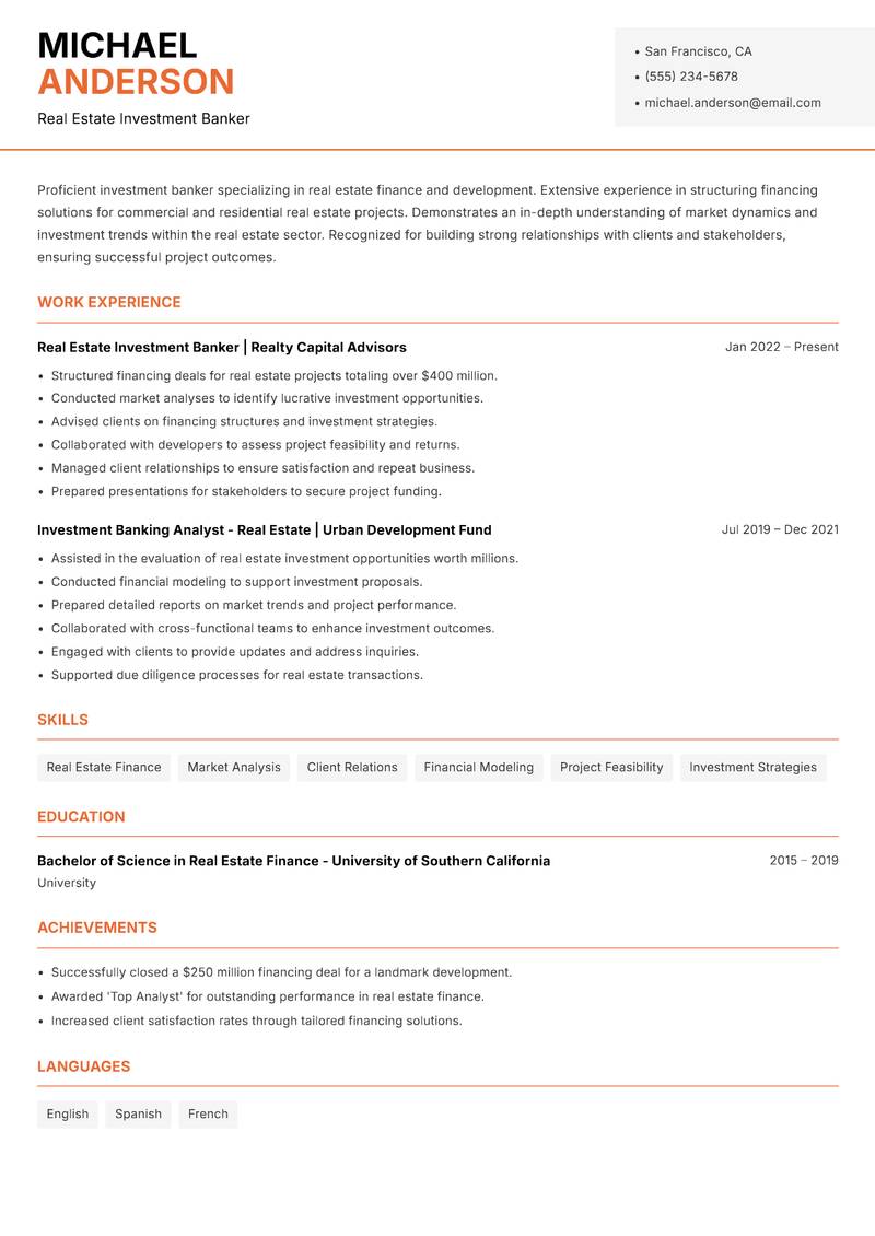 Investment Banker resume template — Modern Professional