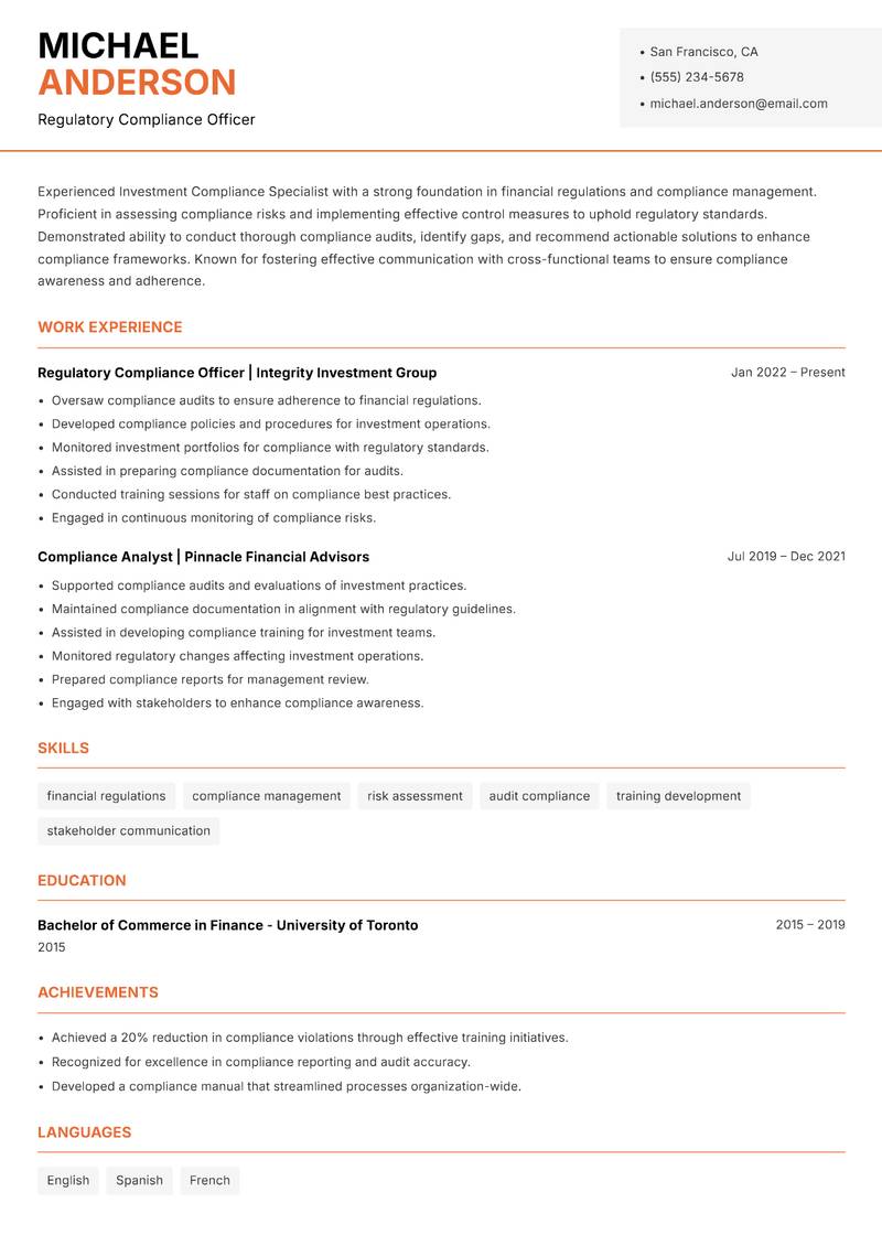Investment Compliance Specialist resume template — Modern Professional