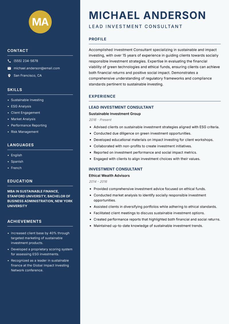 Investment Consultant resume template — Classic Clean