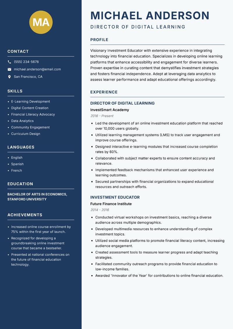 Investment Educator resume template — Classic Clean
