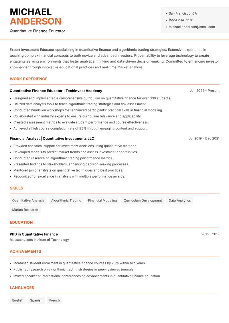 Investment Educator resume template — Modern Professional
