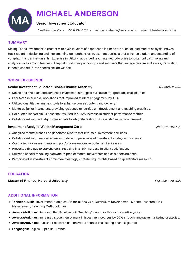Investment Instructor resume example — ATS-friendly template