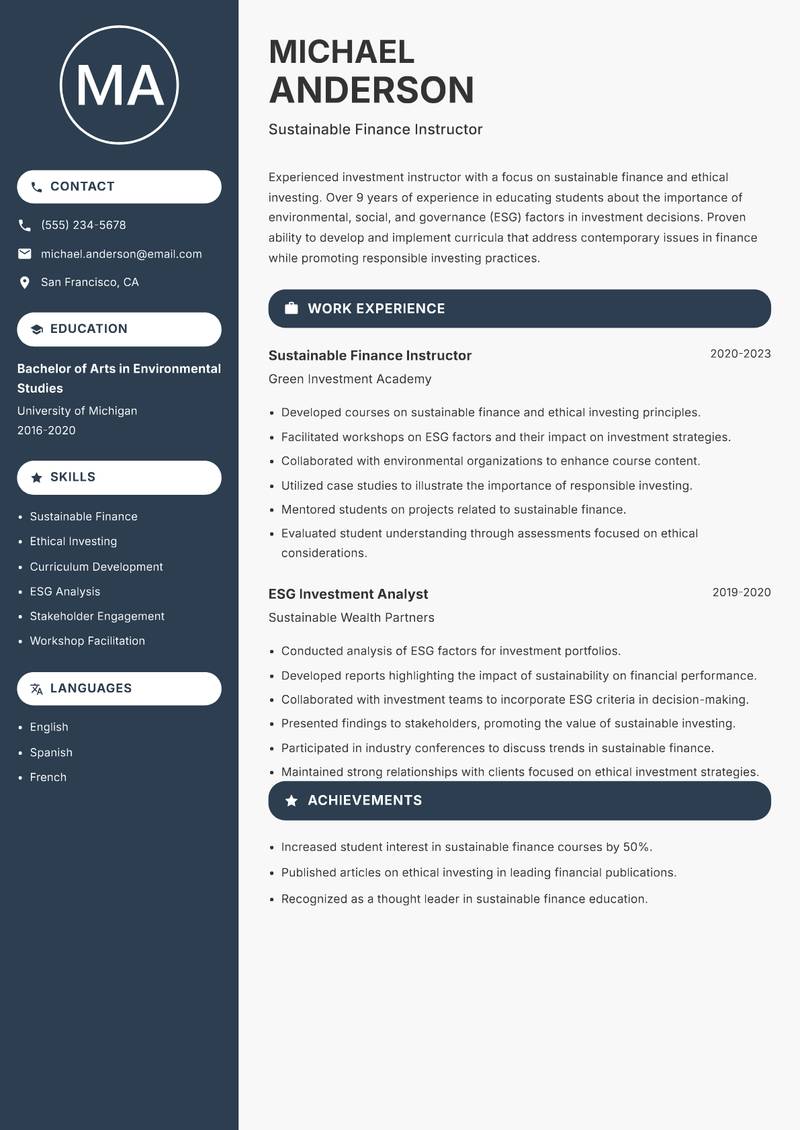 Investment Instructor resume template — Compact