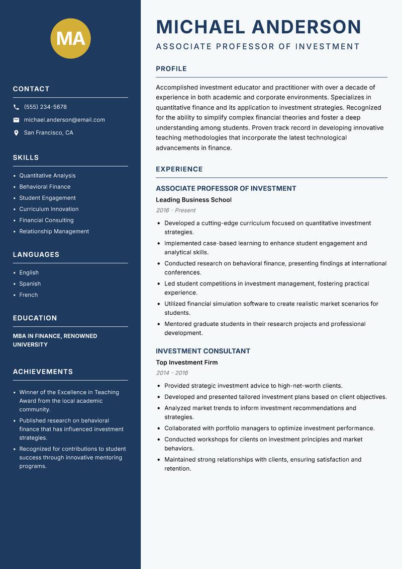Investment Lecturer resume template — Classic Clean