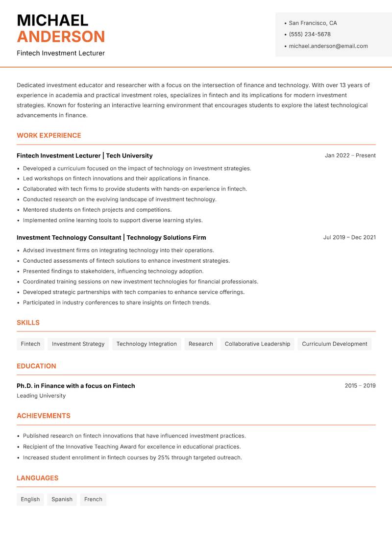 Investment Lecturer resume template — Modern Professional