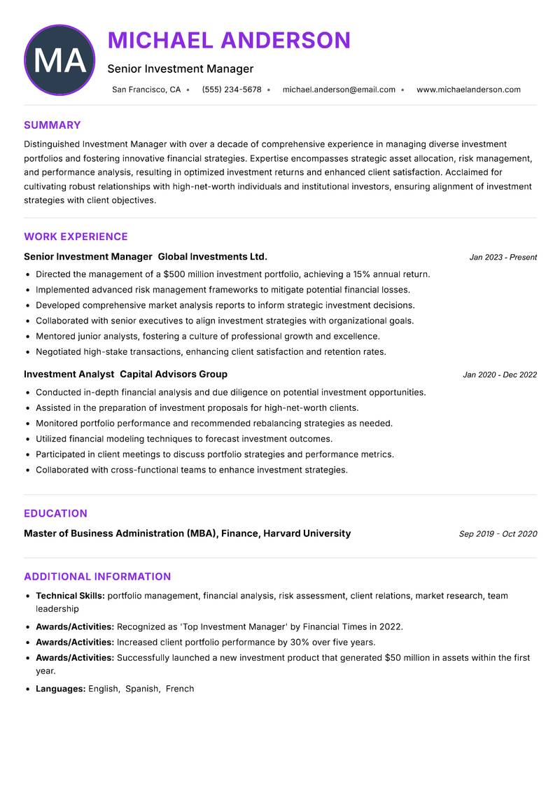 Investment Manager resume example — ATS-friendly template