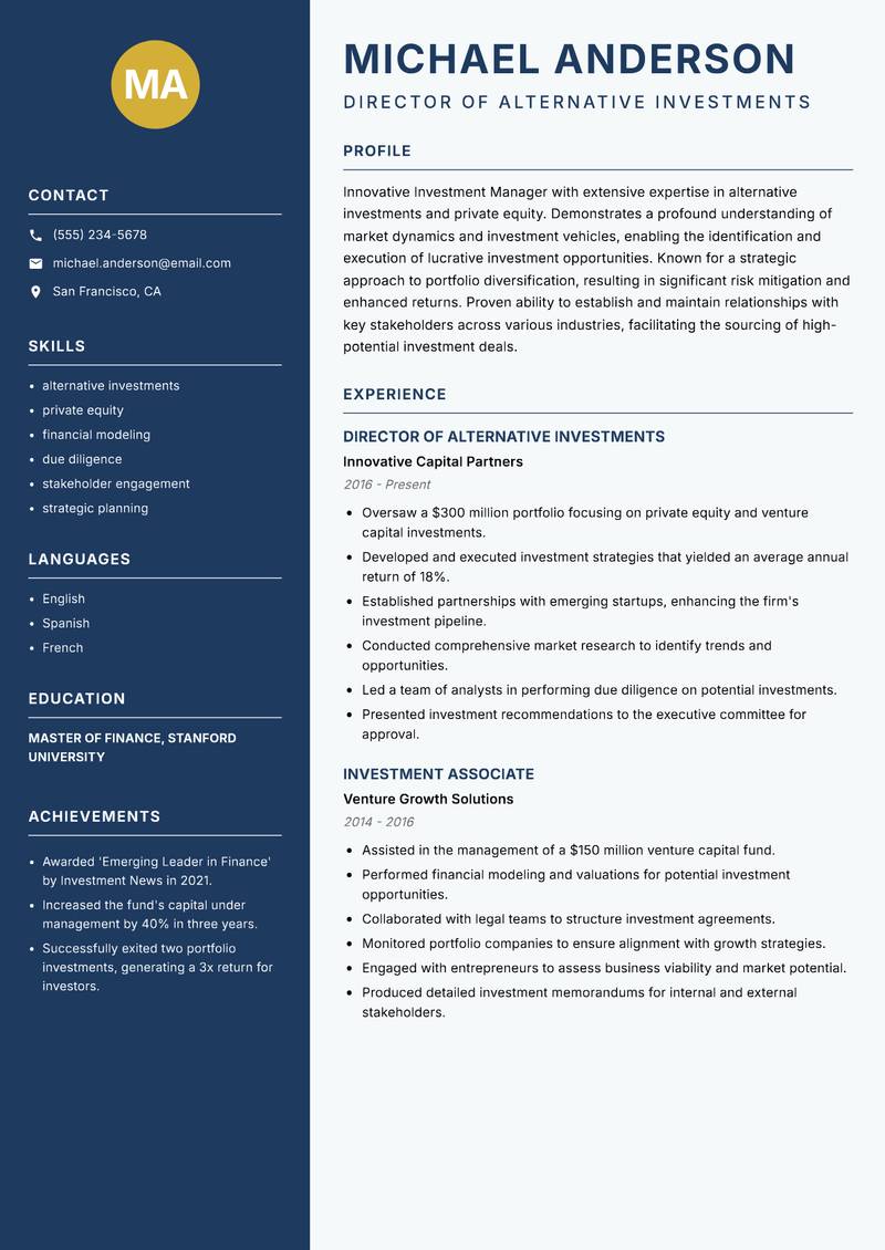 Investment Manager resume template — Classic Clean