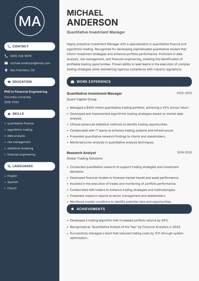Investment Manager resume template — Compact
