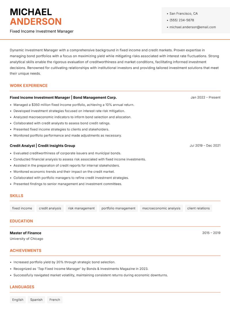 Investment Manager resume template — Modern Professional