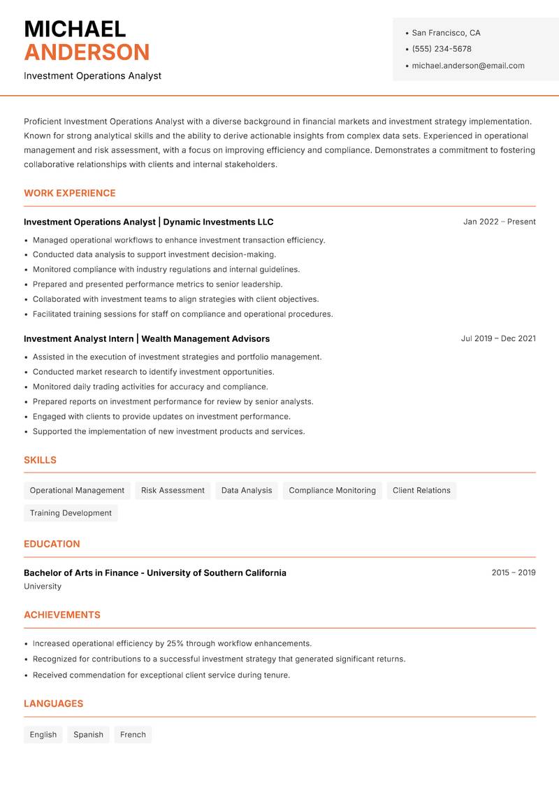 Investment Operations Analyst resume template — Modern Professional