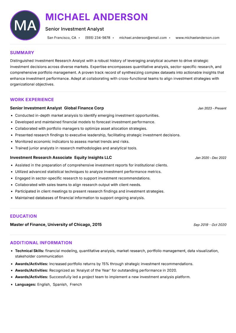 Investment Research Analyst resume example — ATS-friendly template