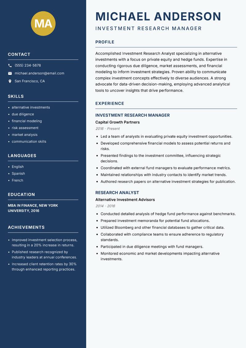 Investment Research Analyst resume template — Classic Clean