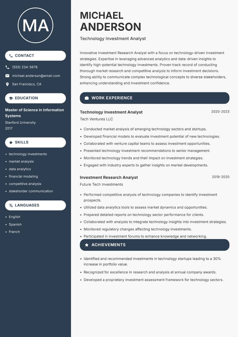 Investment Research Analyst resume template — Compact