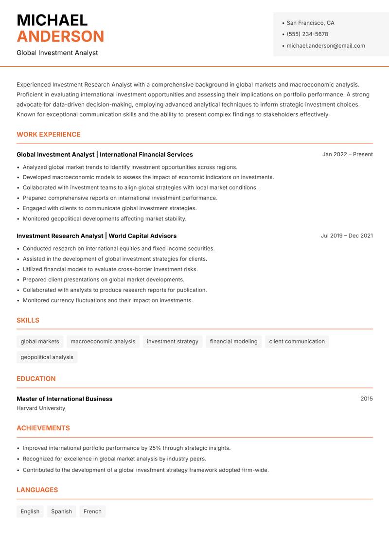 Investment Research Analyst resume template — Modern Professional