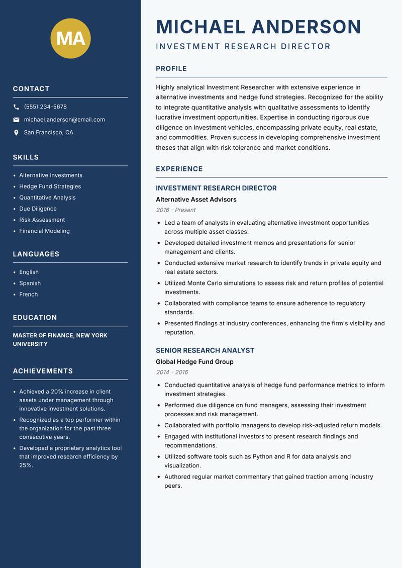 Investment Researcher resume template — Classic Clean