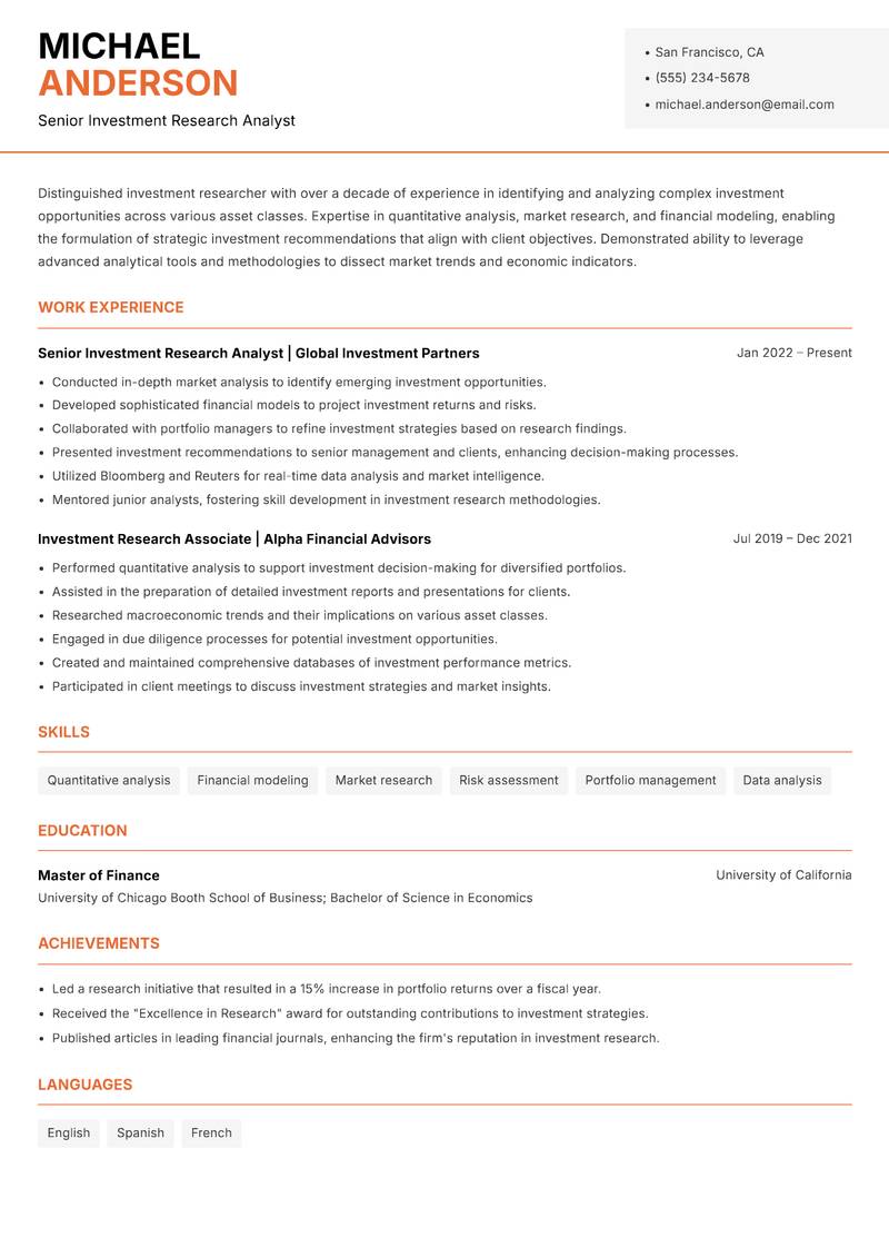 Investment Researcher resume template — Modern Professional