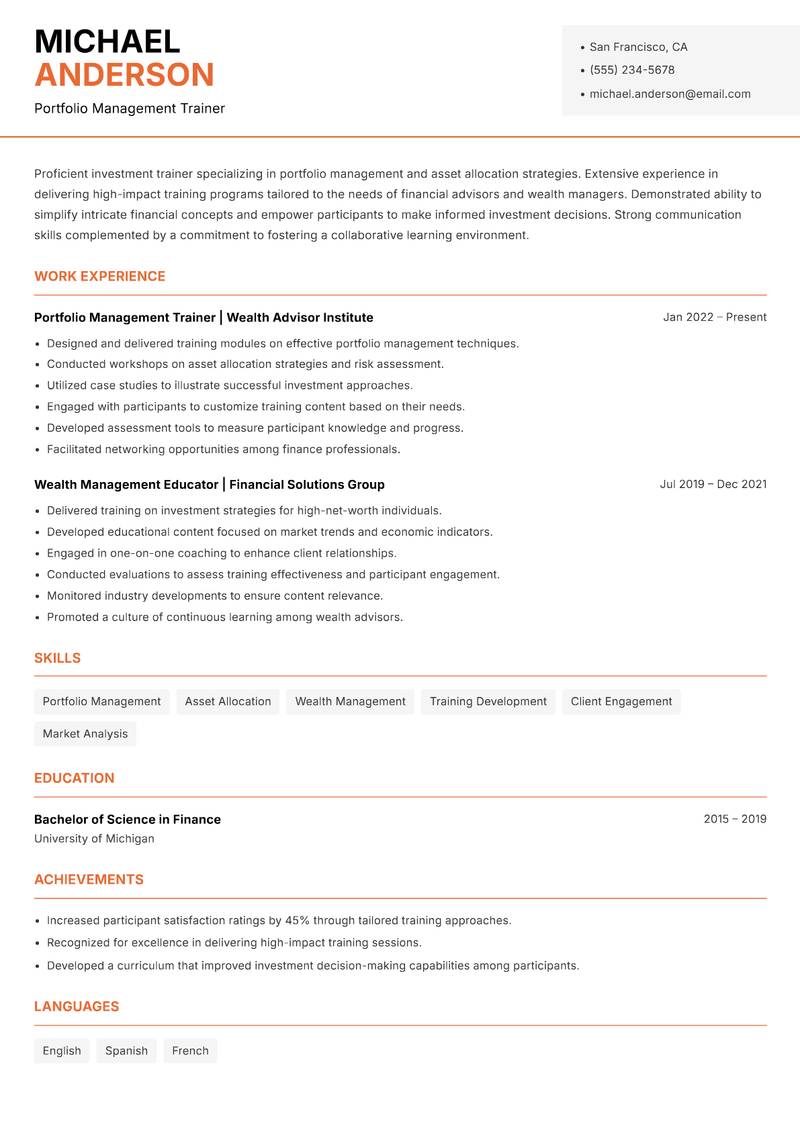 Investment Trainer resume template — Modern Professional