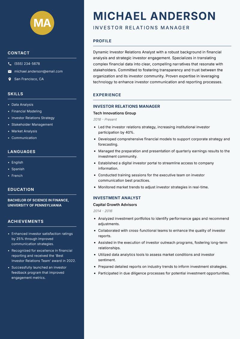 Investor Relations Analyst resume template — Classic Clean