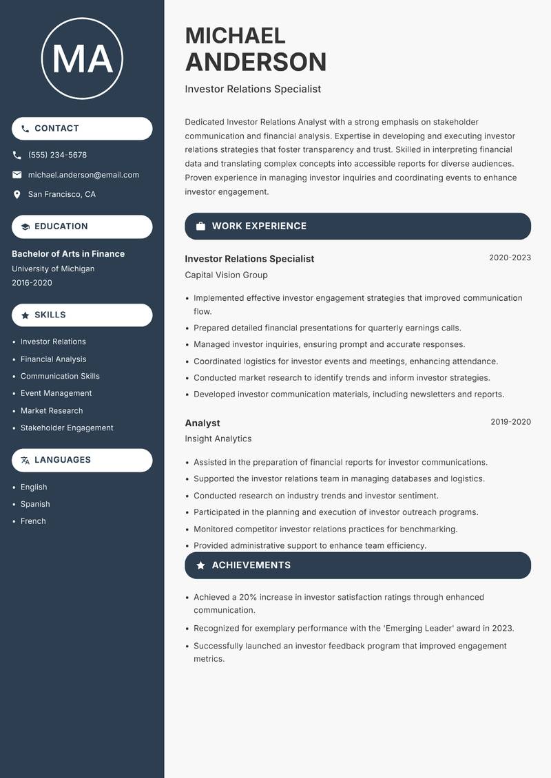 Investor Relations Analyst resume template — Compact