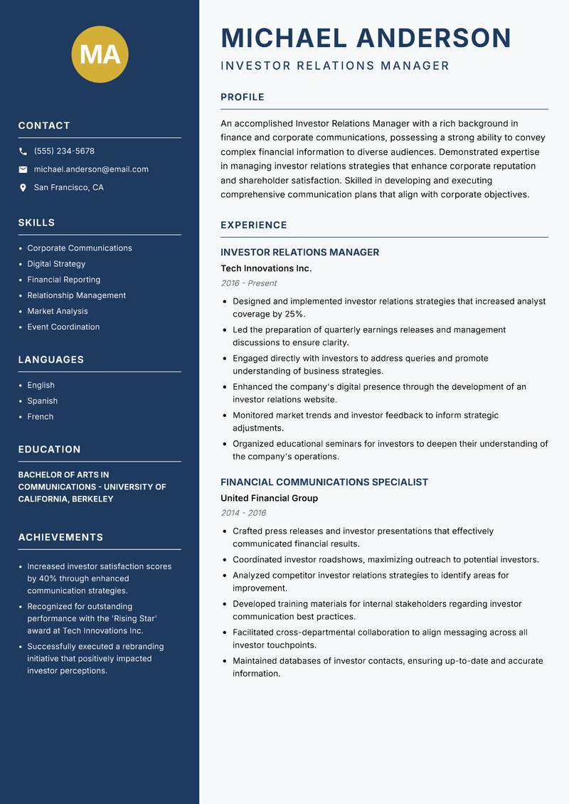 Investor Relations Manager resume template — Classic Clean