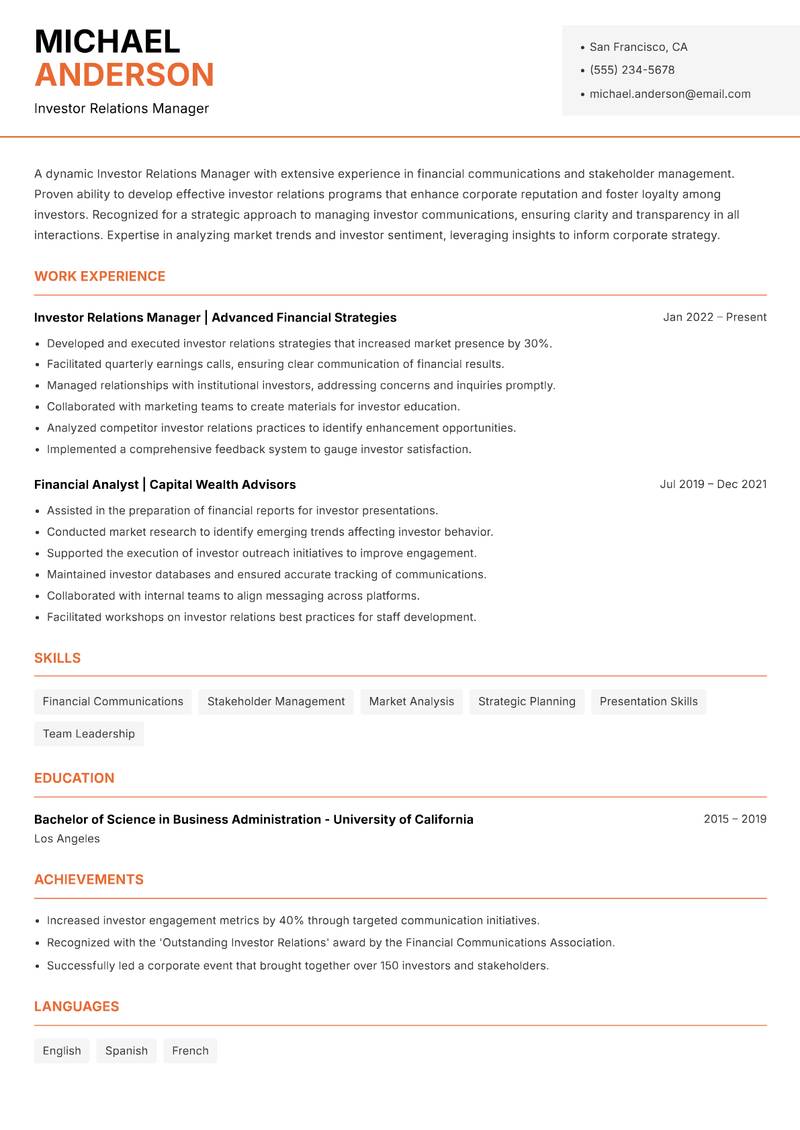 Investor Relations Manager resume template — Modern Professional