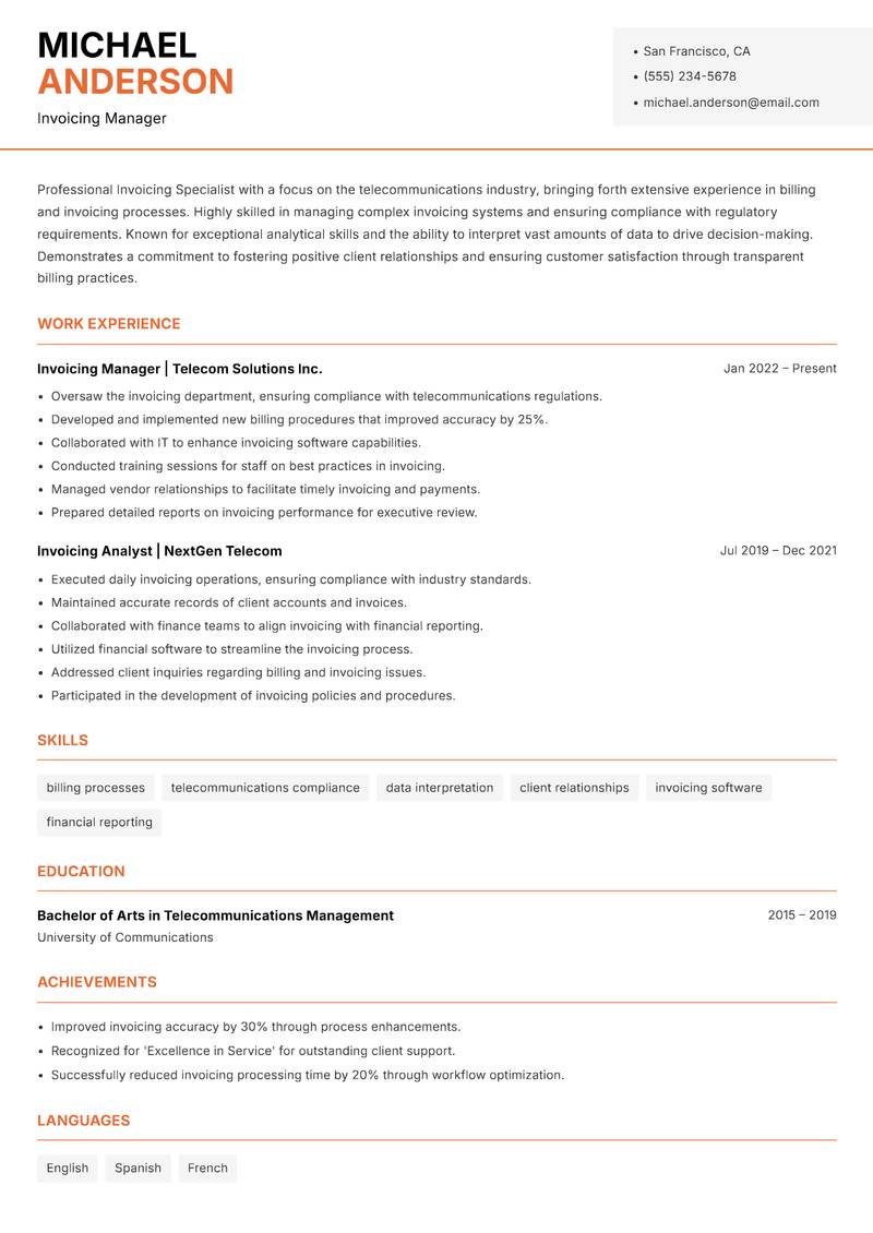 Invoicing Specialist resume template — Modern Professional