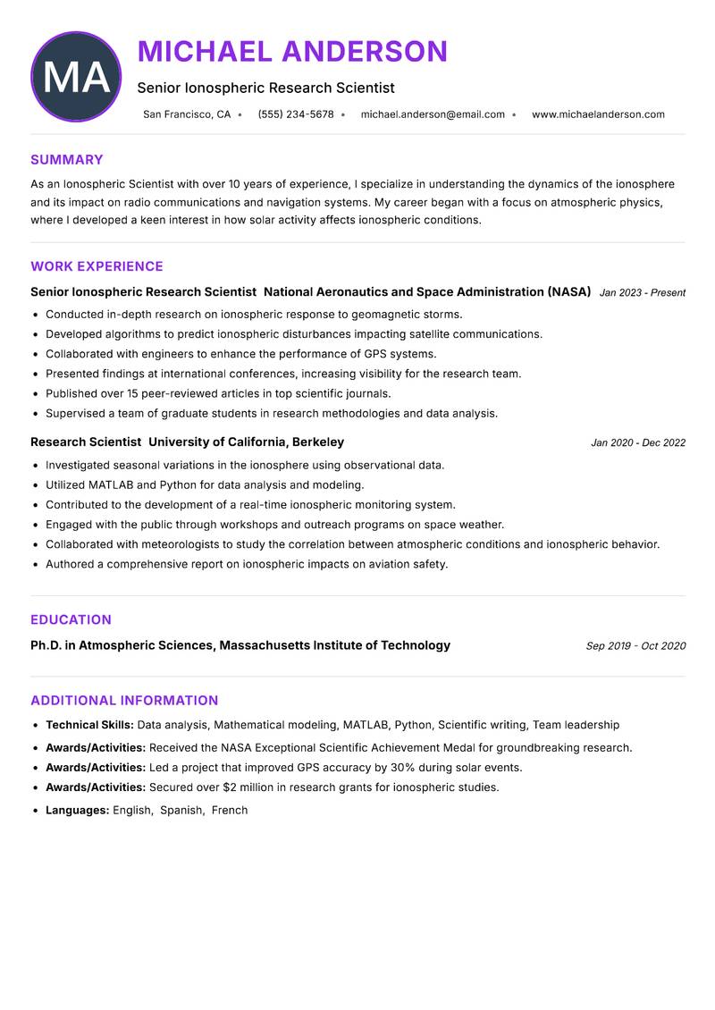 Ionospheric Scientist resume example — ATS-friendly template