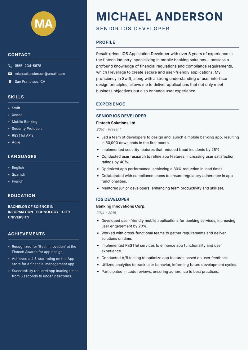 iOS Application Developer resume template — Classic Clean