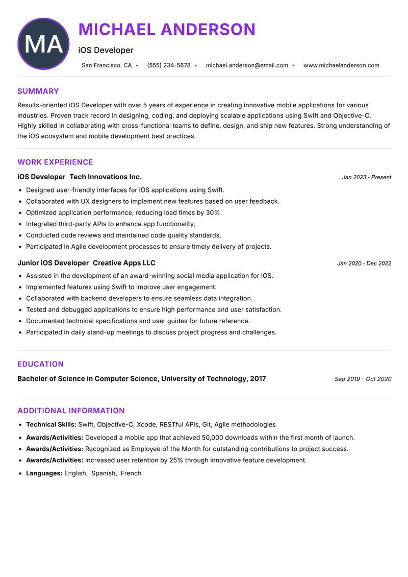 iOS Developer resume example — ATS-friendly template