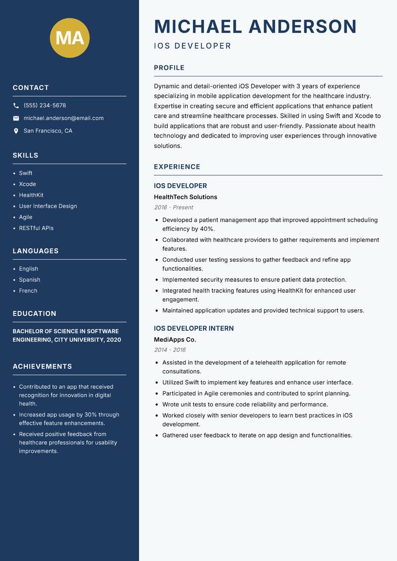 iOS Developer resume template — Classic Clean