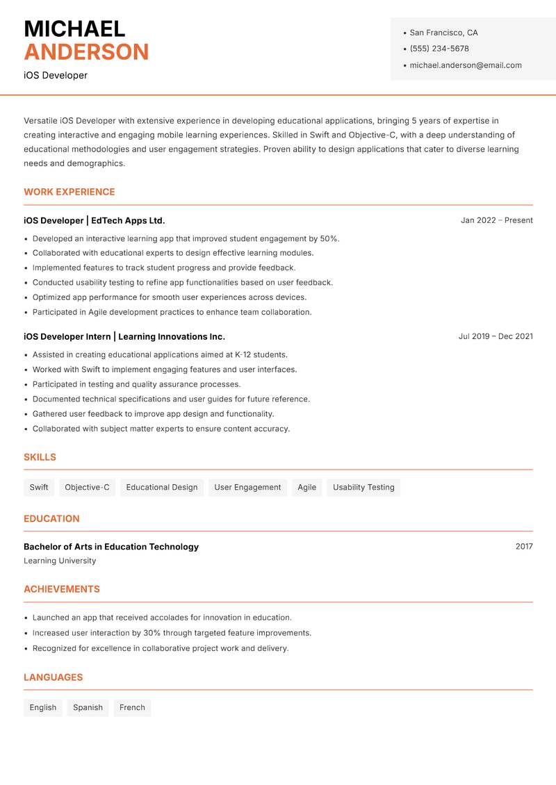 iOS Developer resume template — Modern Professional