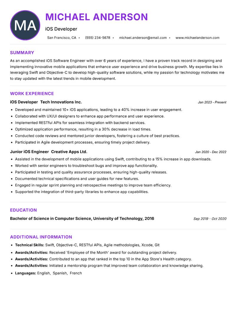 iOS Software Engineer resume example — ATS-friendly template