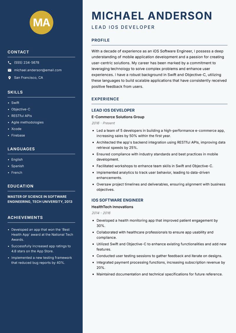 iOS Software Engineer resume template — Classic Clean