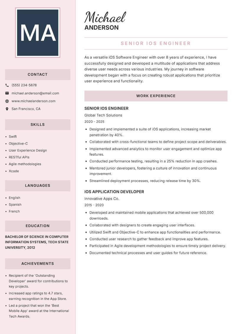 iOS Software Engineer resume template — Executive